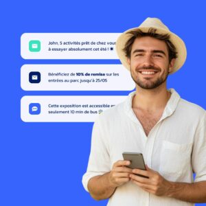 Blog 1 Un touriste souriant portant un chapeau et tenant un smartphone, se tient à côté de trois boîtes de notification sur les activités locales, les réductions et les informations sur les transports.